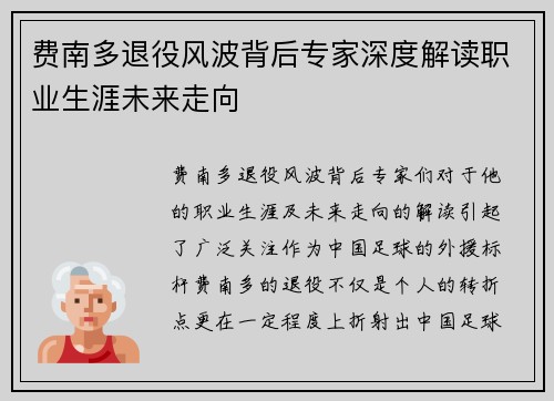 费南多退役风波背后专家深度解读职业生涯未来走向 费南多退役风波背后专家深度解读职业生涯未来走向
