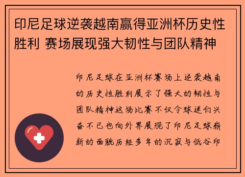 印尼足球逆袭越南赢得亚洲杯历史性胜利 赛场展现强大韧性与团队精神
